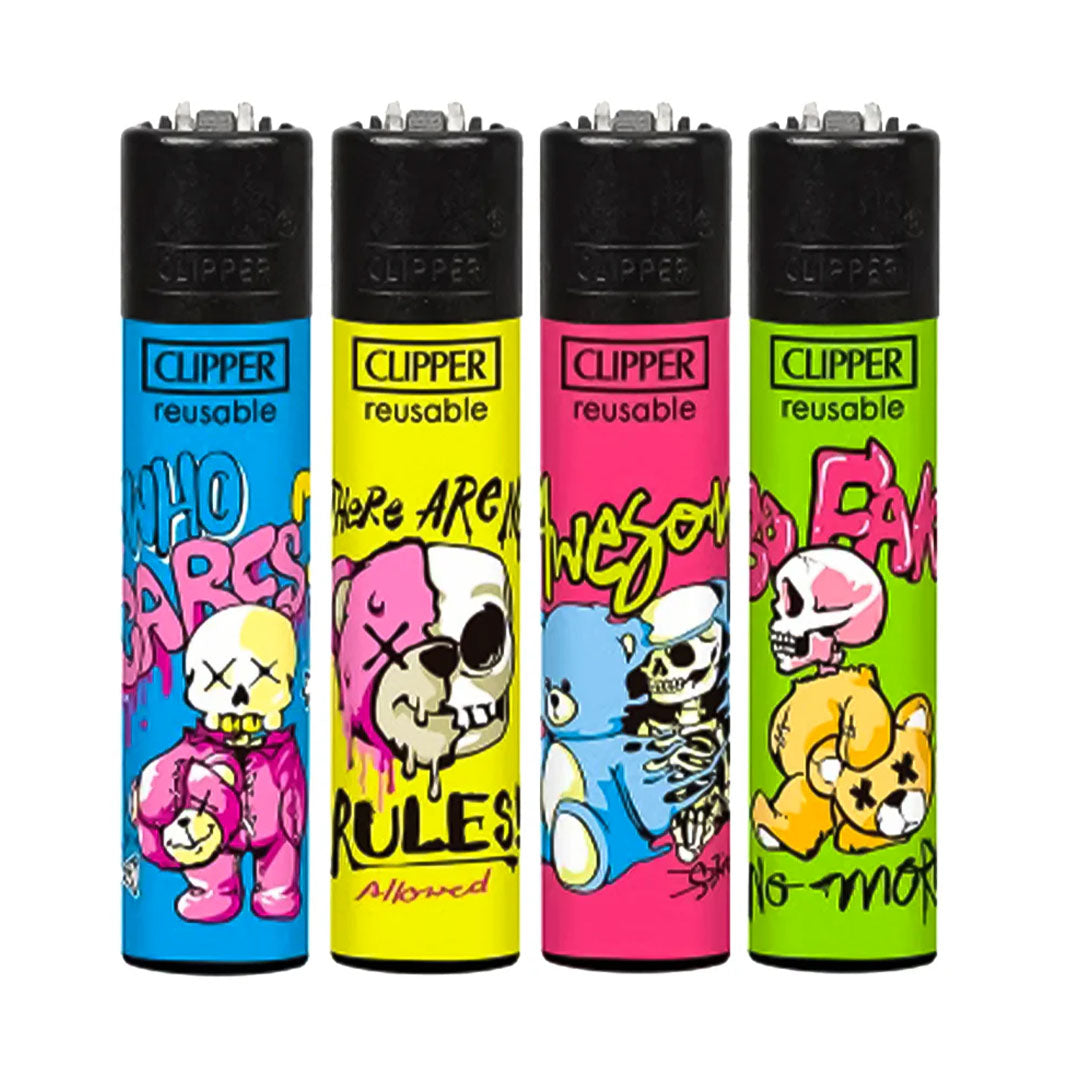 CLIPPER Lighters Printed Various Designs Box Of 48 Clipper Bear Skulls