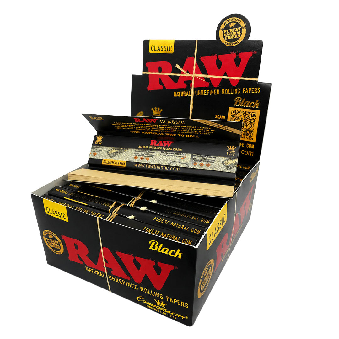 RAW Black Classic Connoisseur King Size Slim Rolling Papers & Tips Raw