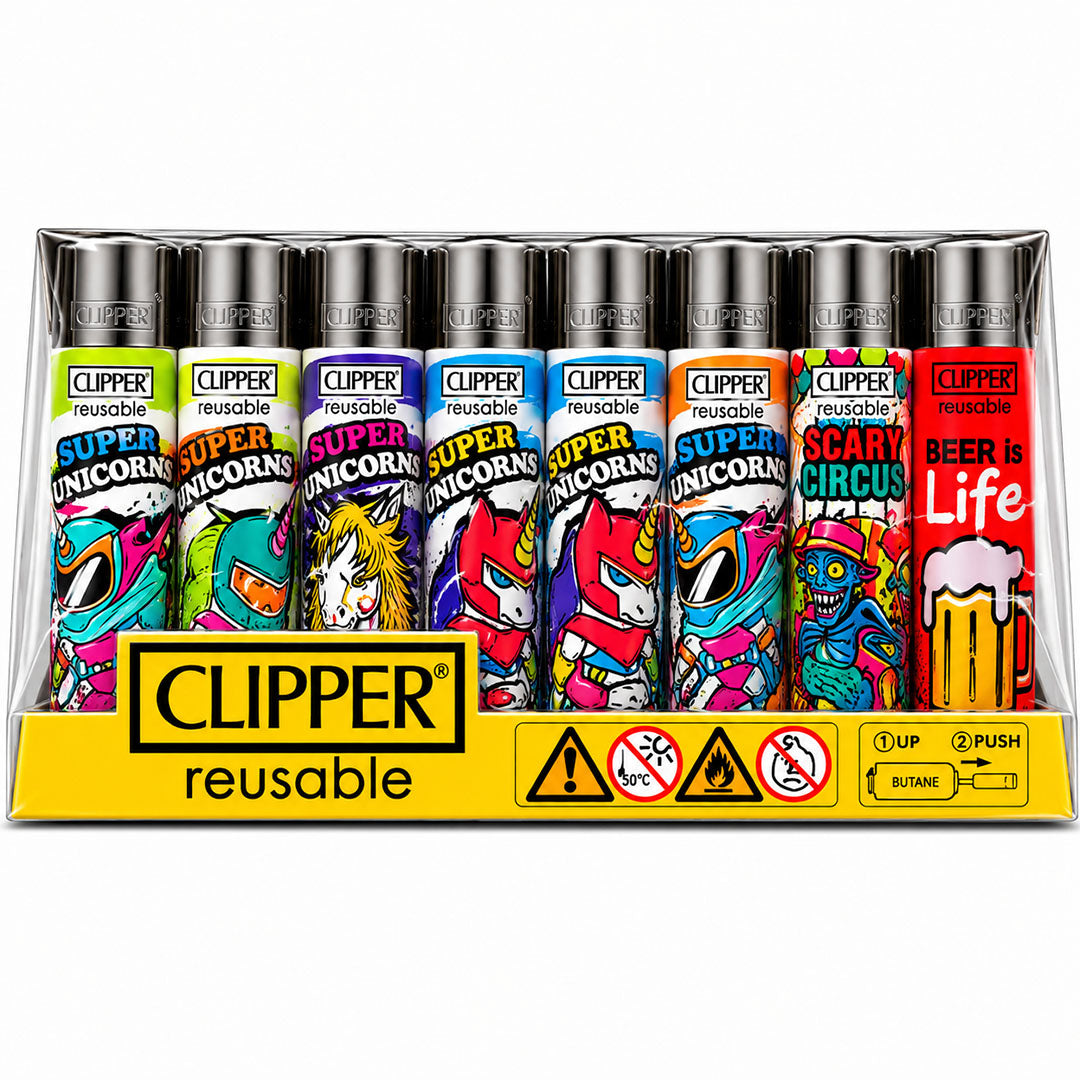 CLIPPER Lighters Printed Various Designs Box Of 48 Clipper Super Unicorns