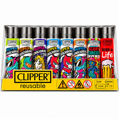 CLIPPER Lighters Printed Various Designs Box Of 48 Clipper Super Unicorns