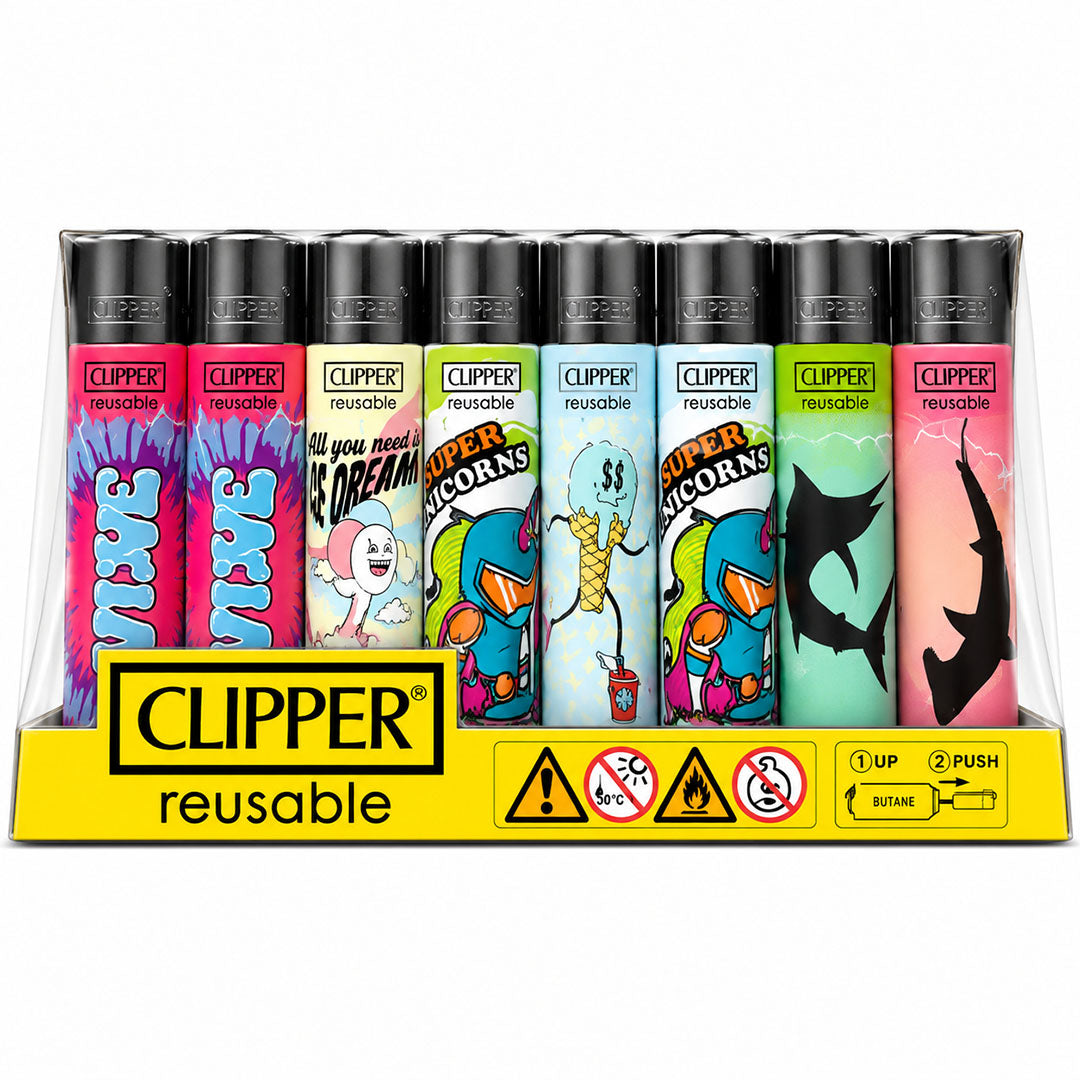 CLIPPER Lighters Printed Various Designs Box Of 48 Clipper Unicorn Shark