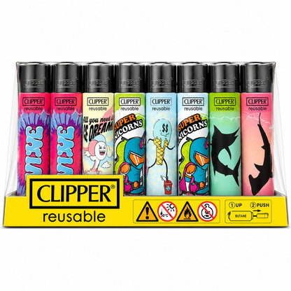 CLIPPER Lighters Printed Various Designs Box Of 48 Clipper Unicorn Shark
